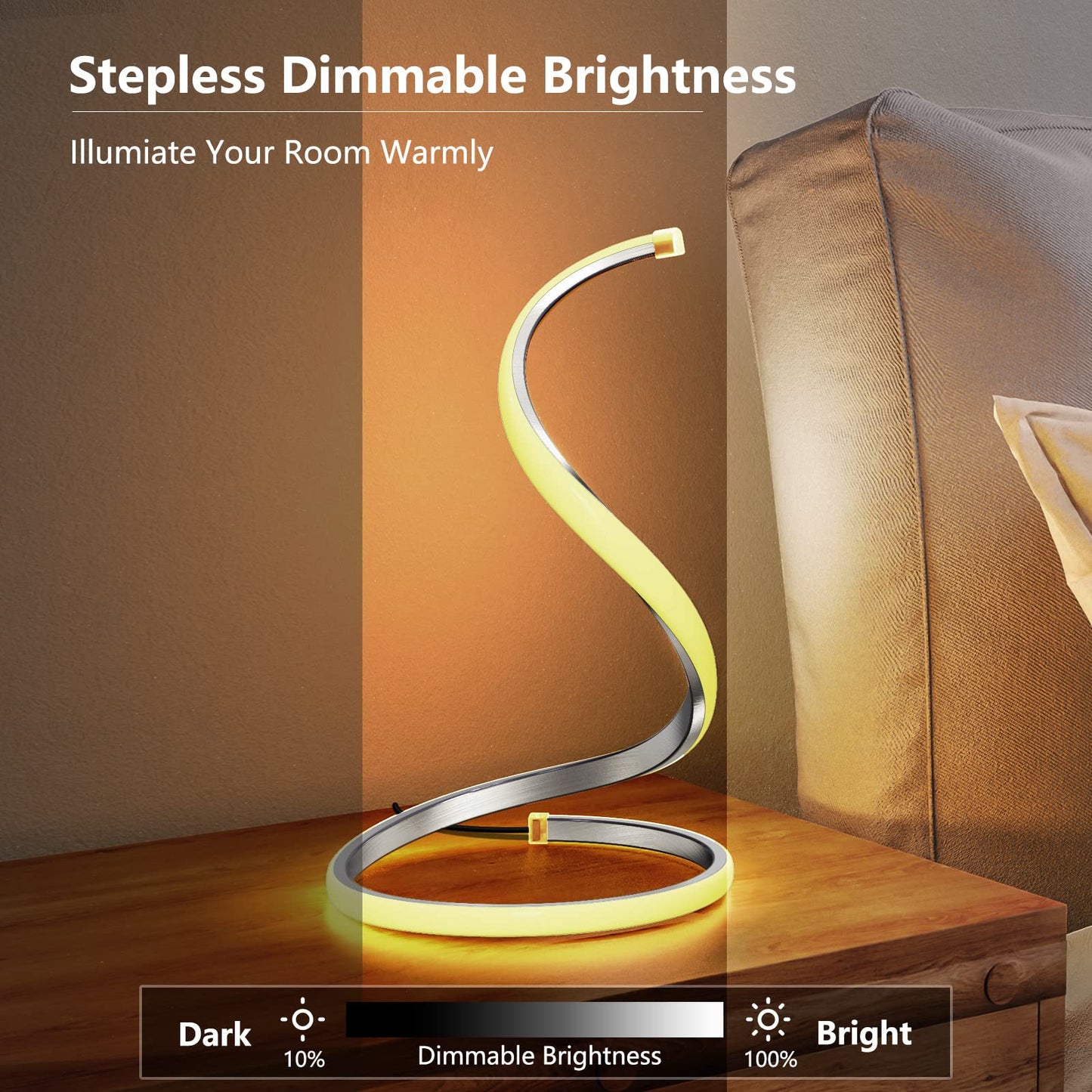 Skanto | Nuür Stepless Dimmable Silver Table Lamps Set of 2 - Curved Art Nightstand Lighting For Bedroom