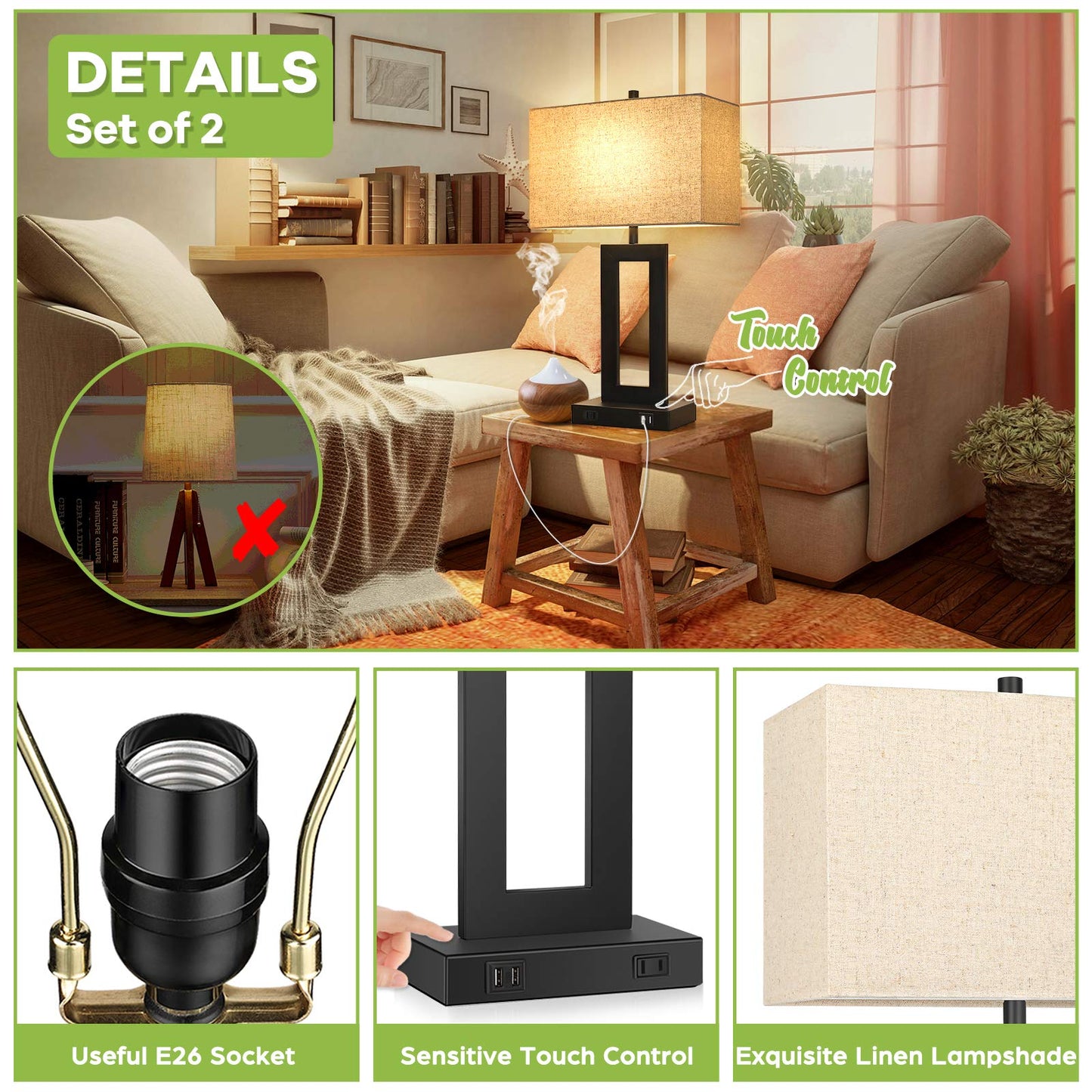 Skanto | Tobusa Set Of 2 Touch Control Table Lamps With Usb Ports, 3-Way Dimmable, Beige Shade