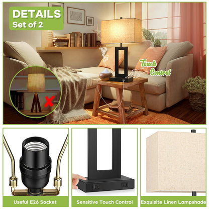 Skanto | Tobusa Set Of 2 Touch Control Table Lamps With Usb Ports, 3-Way Dimmable, Beige Shade