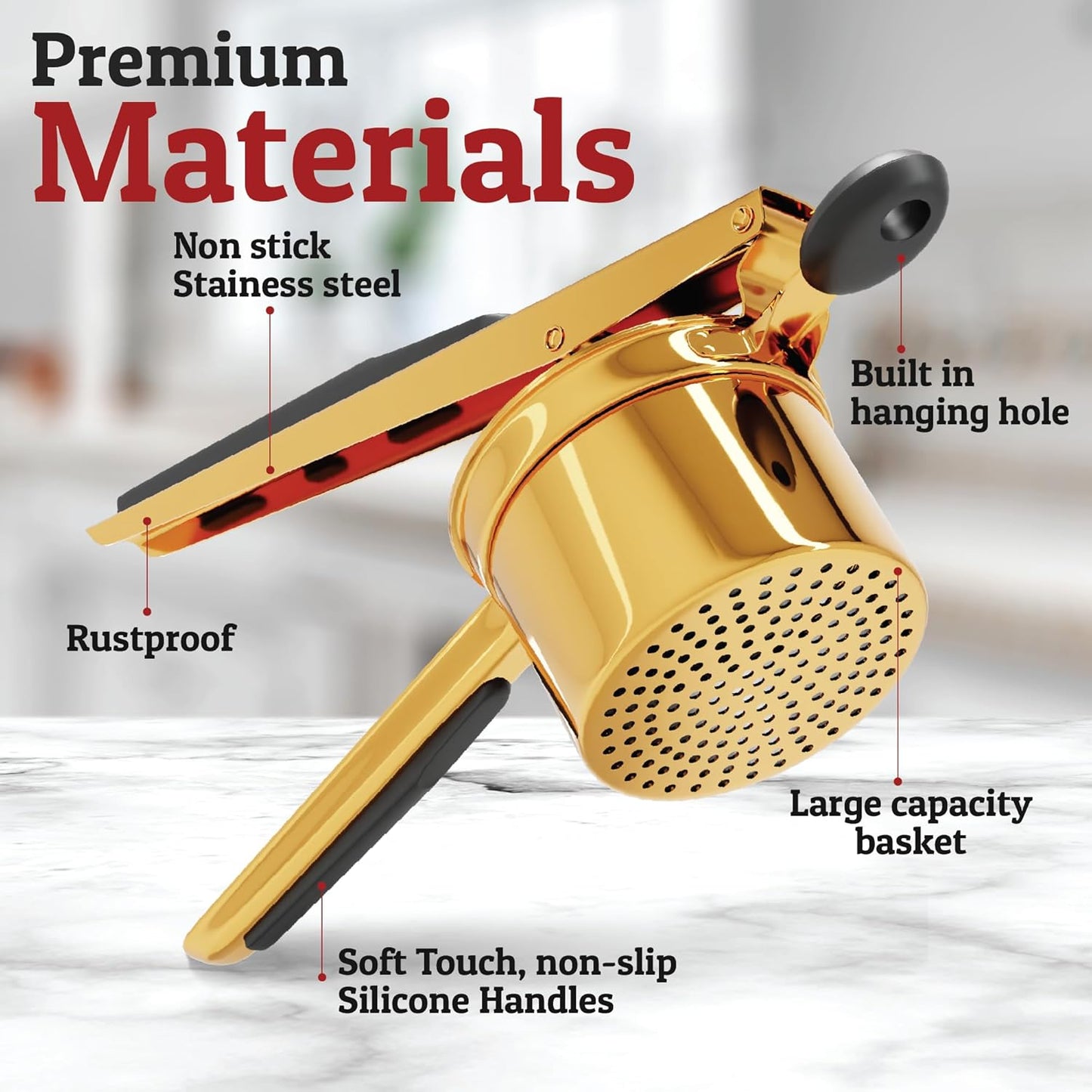 Skanto | PureMasher Pro Stainless Steel Potato Masher 15oz | Extra Large Capacity | For Mashed Potatoes, Vegetables & Fruit | Lump-Free & Durable