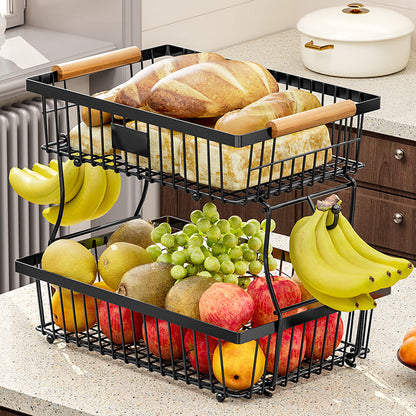 BowLift | 2-Tier Metal Fruit & Vegetable Storage Rack with Hooks