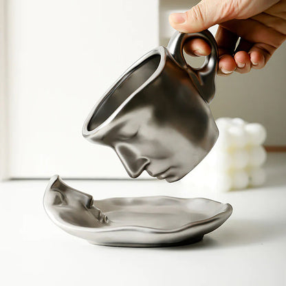 Metal Touching Face Creative Ceramic Kiss Coffee Cup, Artistic Vibe Mug & Saucer Set | Bowlift