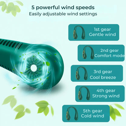 CoolEase | Portable Neck Fan – Bladeless Hands-Free Cooling – Five Speeds USB-C – Travel Office Shuttle Karnz
