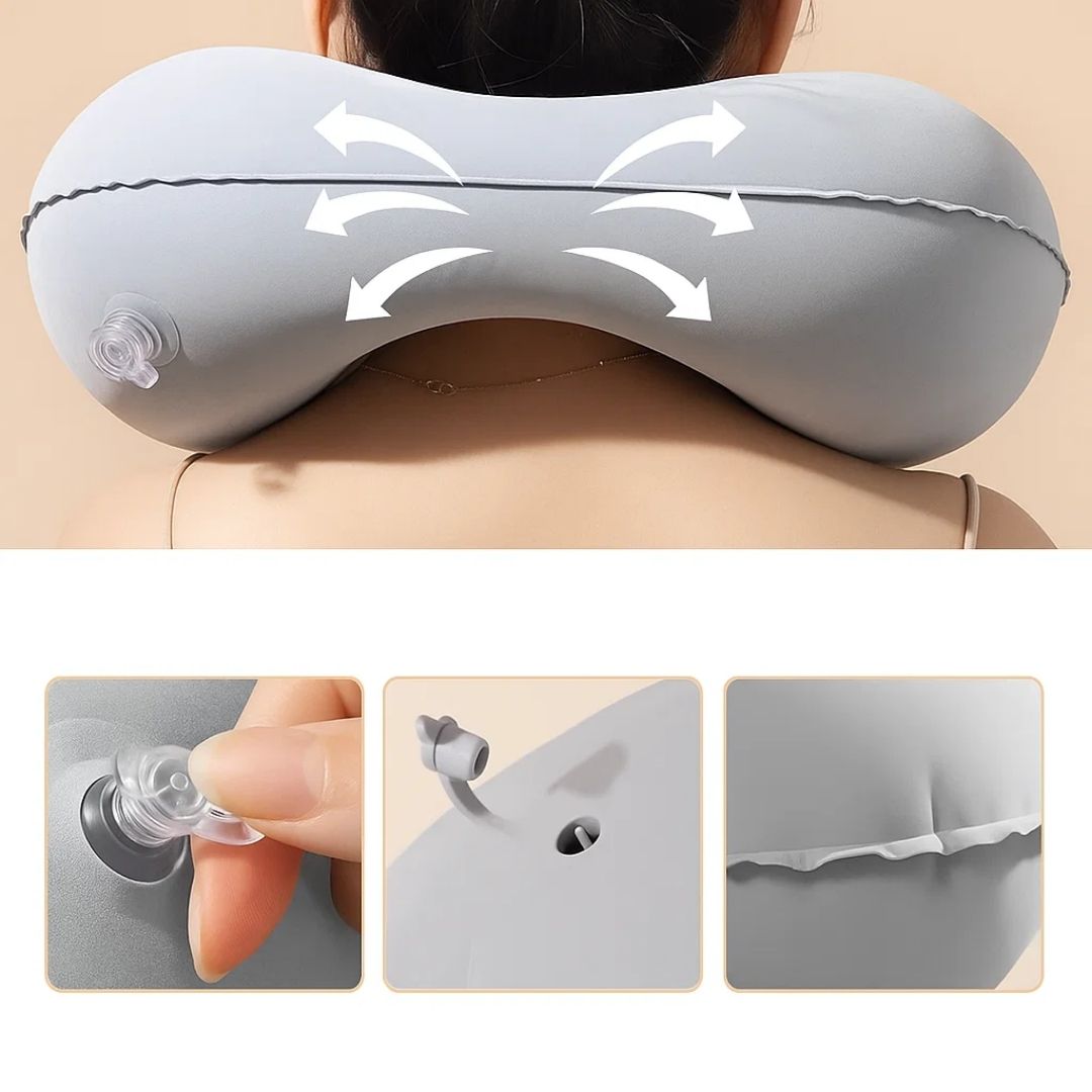 TravelThrive | Inflatable Travel Neck Pillow – Adjustable Firmness – Soft Velvet Cover – Neck Pain Relief – Compact for All Journeys Bowlift