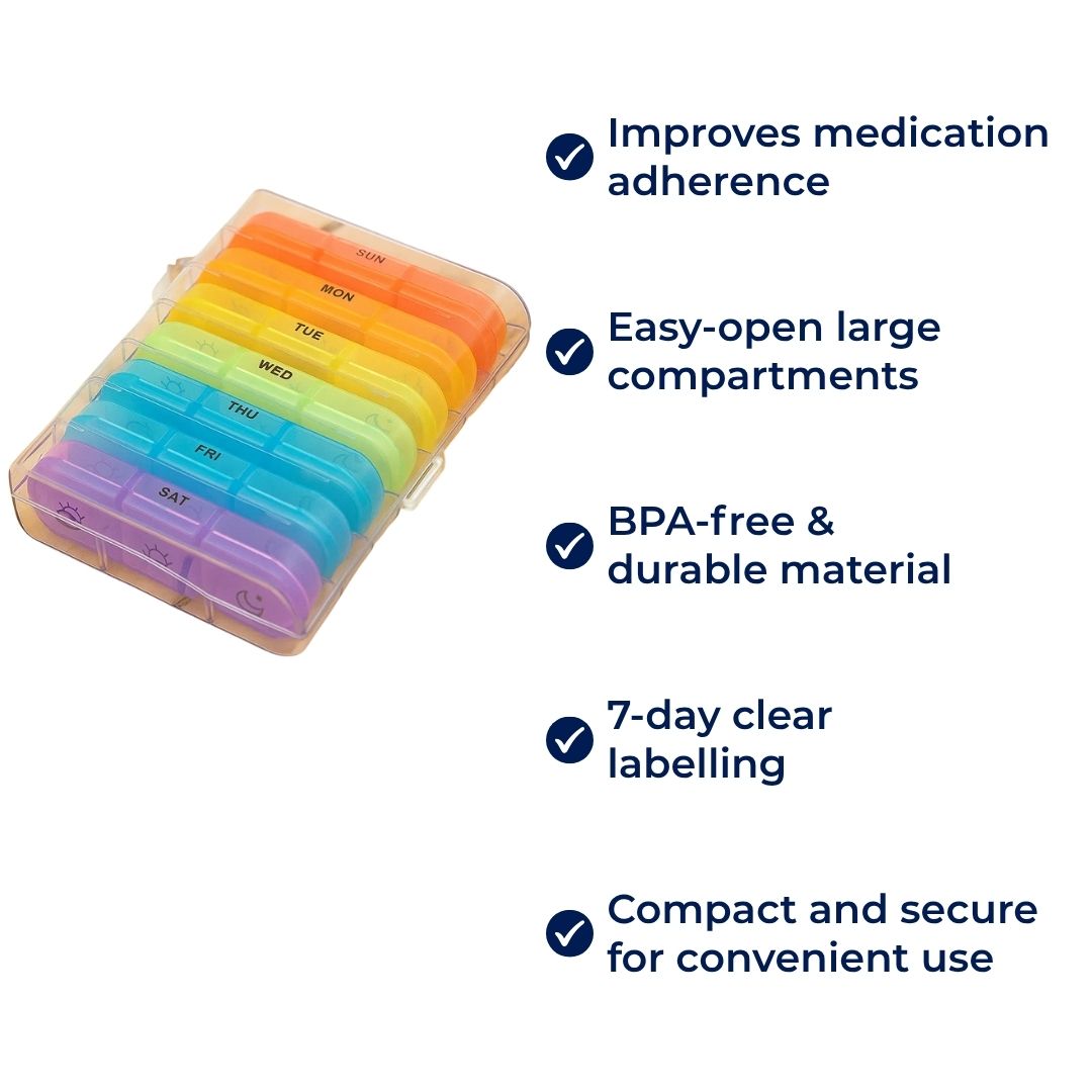 MediTrack | Weekly Pill Organizer – Improves Medication Adherence - Easy‑Open Large Compartments – BPA‑Free Durable – Travel & Seniors Bowlift