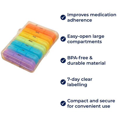 MediTrack | Weekly Pill Organizer – Improves Medication Adherence - Easy‑Open Large Compartments – BPA‑Free Durable – Travel & Seniors Bowlift