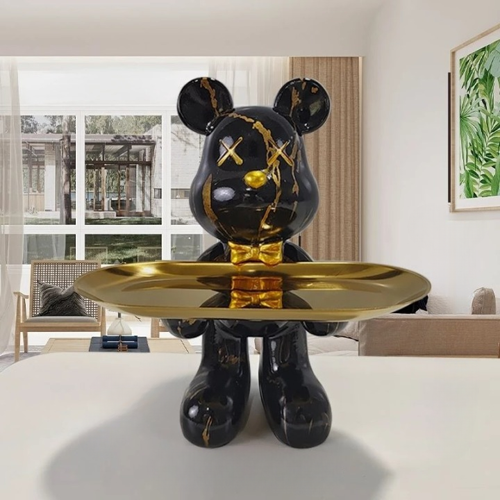 Bear Figurine with Serving Tray, Modern Decorative Figure for Living Room and Hallway