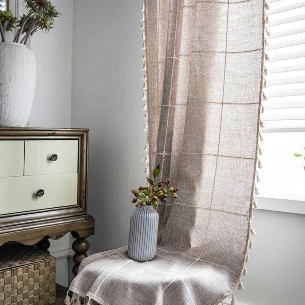 Skanto | Checkered Fringe Semi-Blackout Curtains – Boho Style Drapes