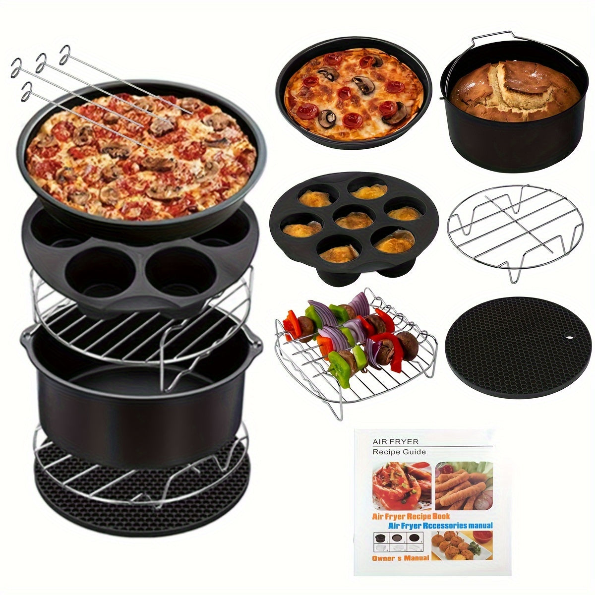 Skanto | 11-Piece 8-Inch Air Fryer Accessory Set - Compatible with 3.7QT - 6.8QT Air Fryer, BPA-Free, Dishwasher Safe, Non-Stick with Cookbook