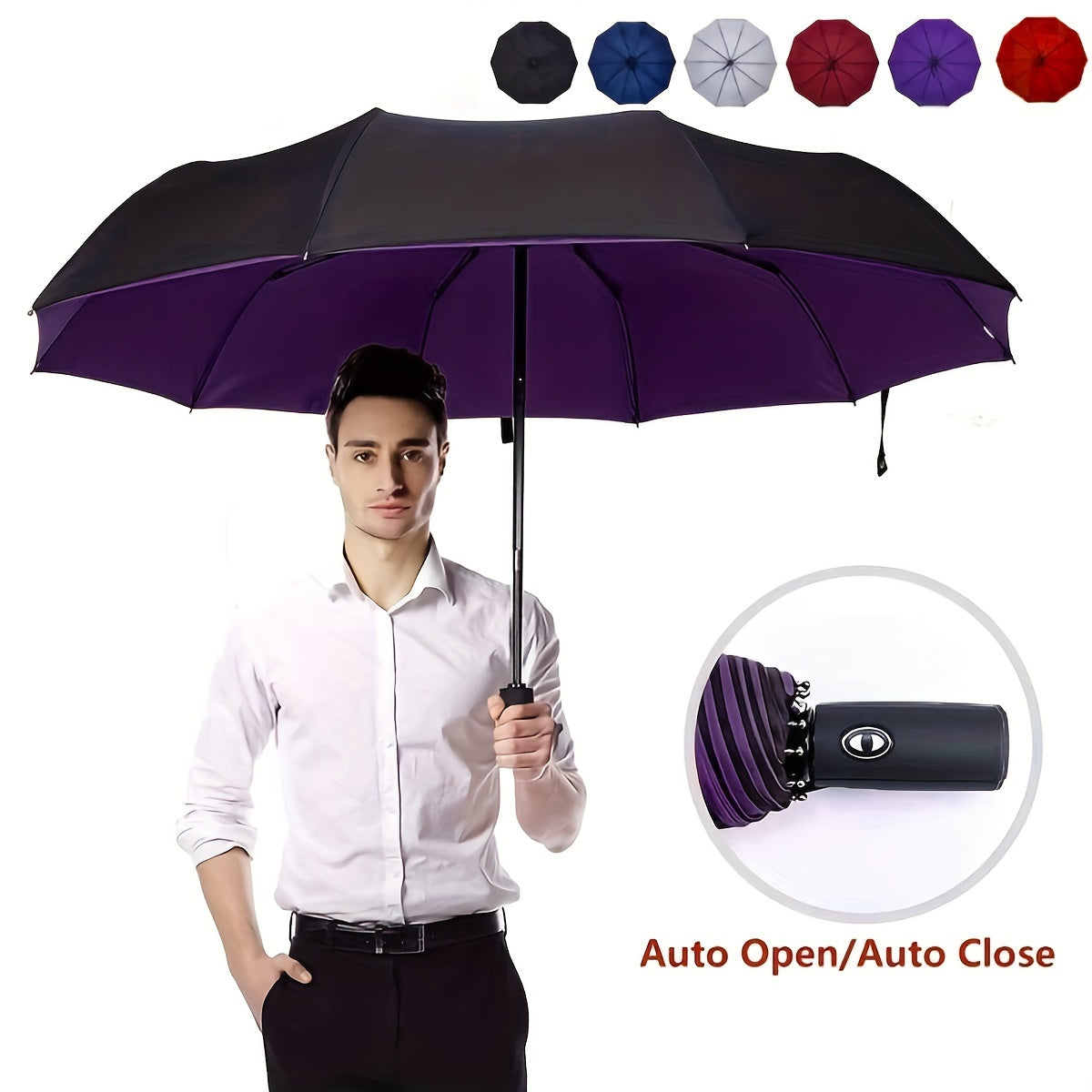 Skanto | Windproof Travel Automatic Umbrella - Robust 10-Rib Frame, Automatic, Extra Large Foldable Design with UV Protection, Dual Use for Sunny and Rainy Weather