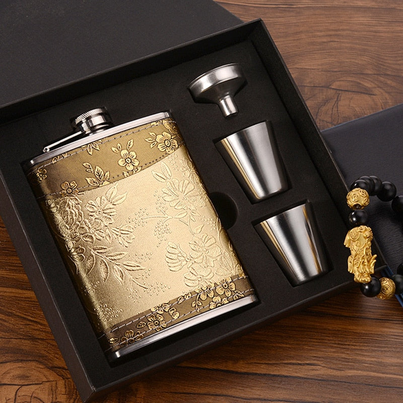 Skanto | 8oz Whisky Flask Stainless Steel Alcohol Funnel Hip Flask Embroidered Gold Silk Fabric Packaging Gift Box Set