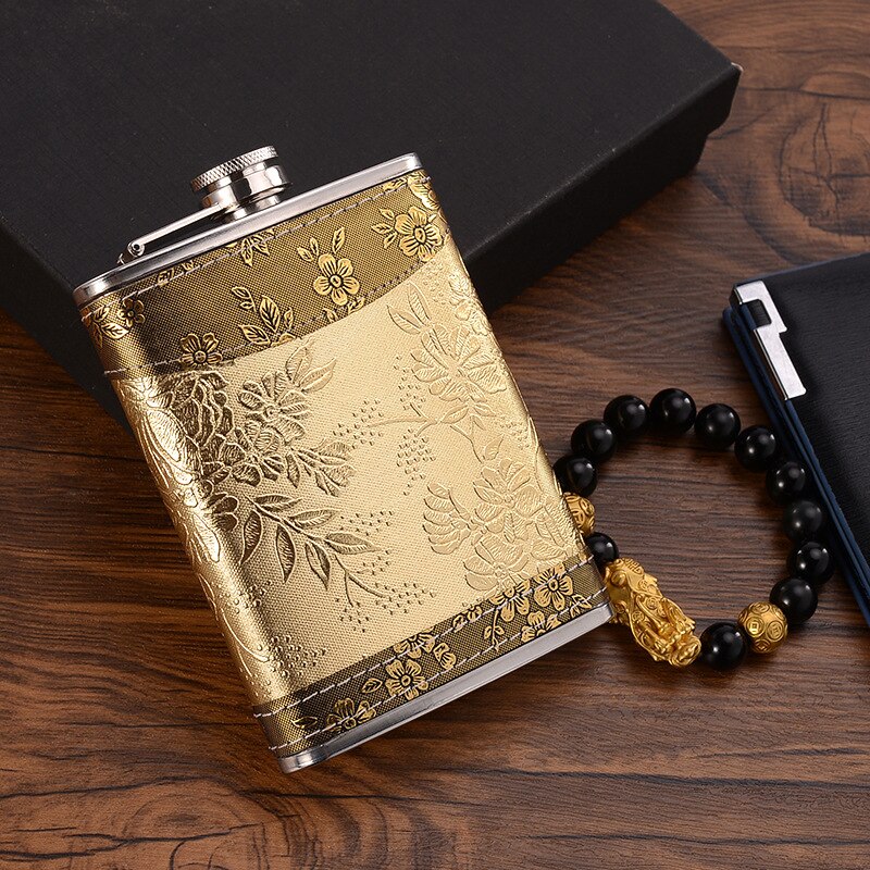 Skanto | 8oz Whisky Flask Stainless Steel Alcohol Funnel Hip Flask Embroidered Gold Silk Fabric Packaging Gift Box Set
