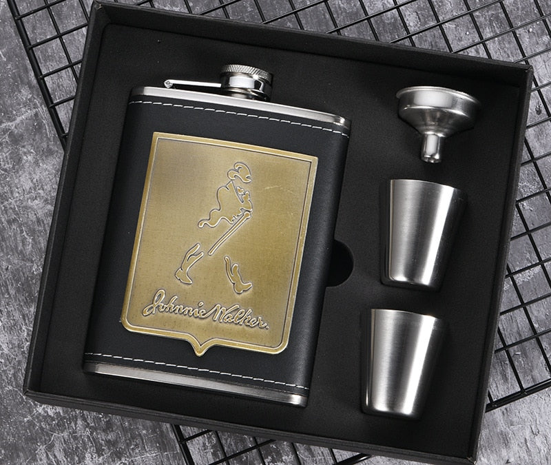 Skanto | 8oz Whisky Flask Stainless Steel Alcohol Funnel Hip Flask Embroidered Gold Silk Fabric Packaging Gift Box Set