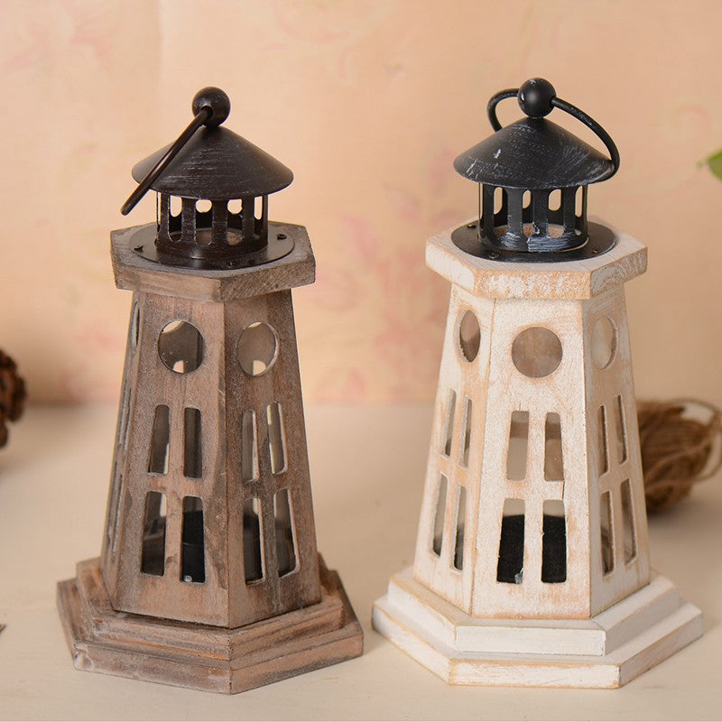 Hexagonal Wooden Lighthouse-Style Tealight Lantern with Cutout Windows and Metal Roof Acalora