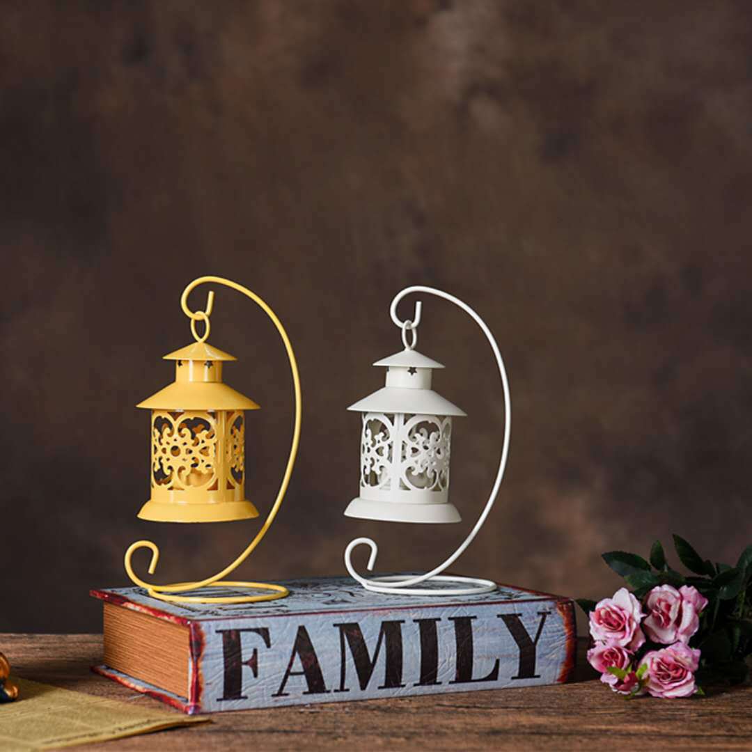 Decorative Filigree Hanging Tealight Lantern with Curved Metal Stand Set Acalora