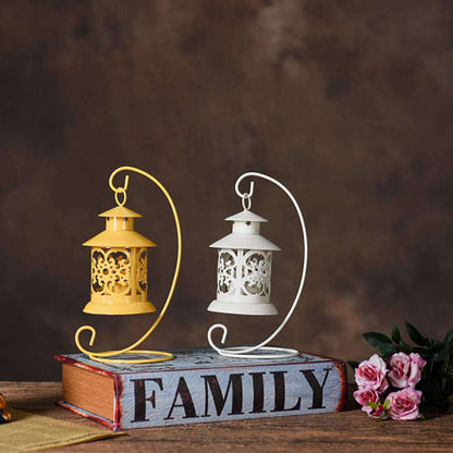 Decorative Filigree Hanging Tealight Lantern with Curved Metal Stand Set Acalora