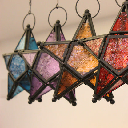Moroccan-Inspired Stained Glass Star Hanging Lanterns with Embossed Panels Acalora