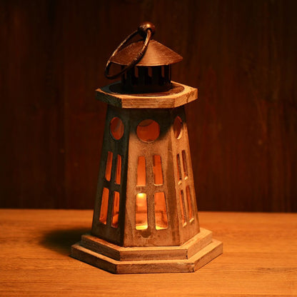 Hexagonal Wooden Lighthouse-Style Tealight Lantern with Cutout Windows and Metal Roof Acalora