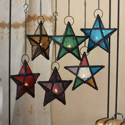 Moroccan-Inspired Stained Glass Star Hanging Lanterns with Embossed Panels Acalora