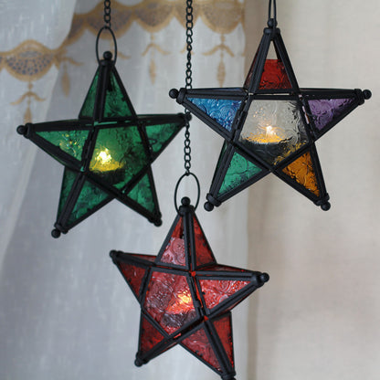 Moroccan-Inspired Stained Glass Star Hanging Lanterns with Embossed Panels Acalora