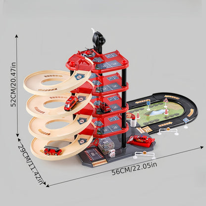 Skanto | FirePark Garage Playset – Multi-Level Fire Station with Fire Trucks and Traffic Signs for Adventurous Kids
