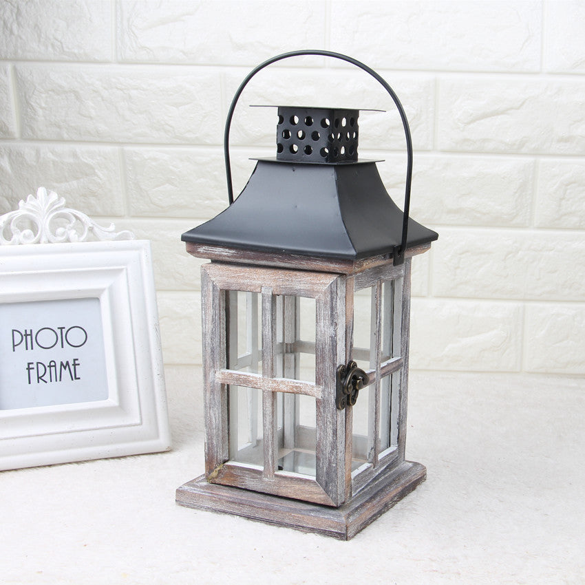 Antique-Style Glass Pane Window Lantern with Distressed Wood Frame and Vented Metal Roof Acalora