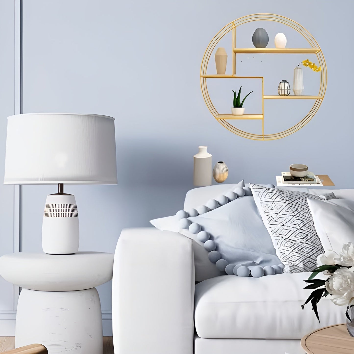 Round Wall Shelf with 4 Tiers – Retro Design made of Wood & Metal | Decorative Hanging Shelf for Living Room, Bathroom & Bedroom | Karnz