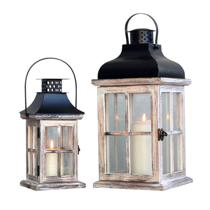 Hand-Finished Weathered Wood Windowpane Lanterns with Metal Roof and Glass Panels Set Acalora