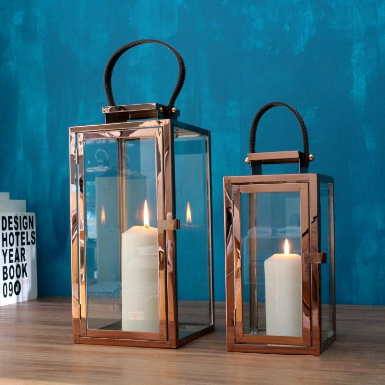 Contemporary Polished Metal Glass Hurricane Lanterns with Braided Handle & Front Latch Acalora