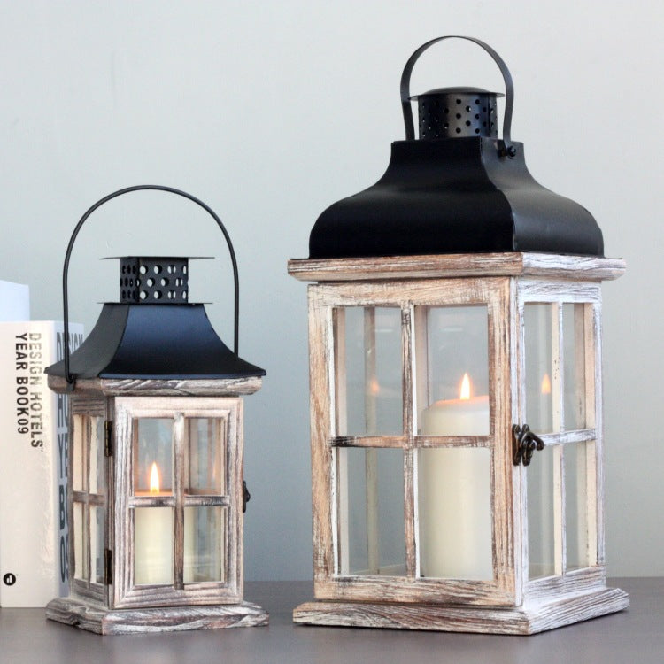 Hand-Finished Weathered Wood Windowpane Lanterns with Metal Roof and Glass Panels Set Acalora