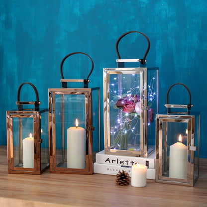 Rectangular Glass Candle Lanterns with Polished Metal Frame and Faux Leather Handle Set Acalora