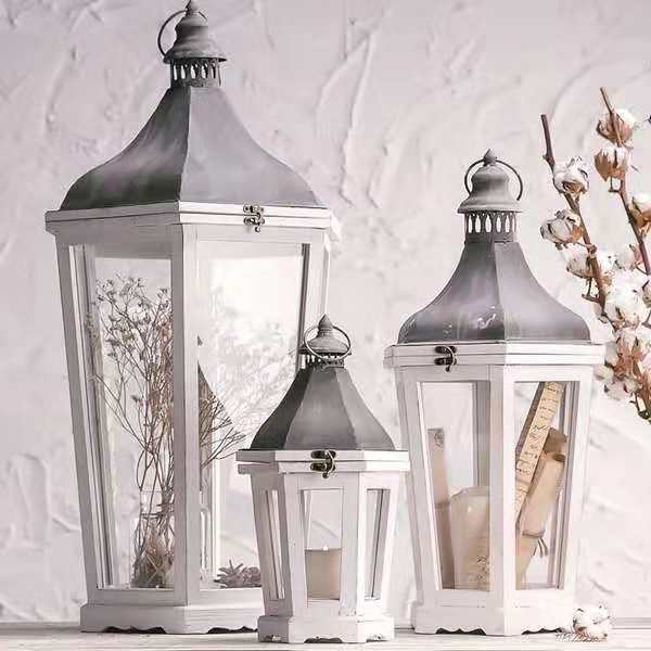 Rustic Weathered Wood and Metal Indoor Outdoor Candle Lantern Set Acalora
