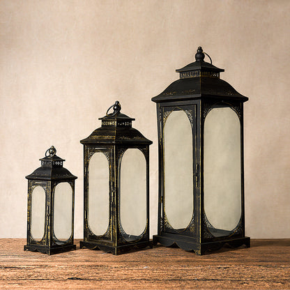Antique-Style Metal and Glass Lantern Trio with Hinged Door and Carry Ring Acalora