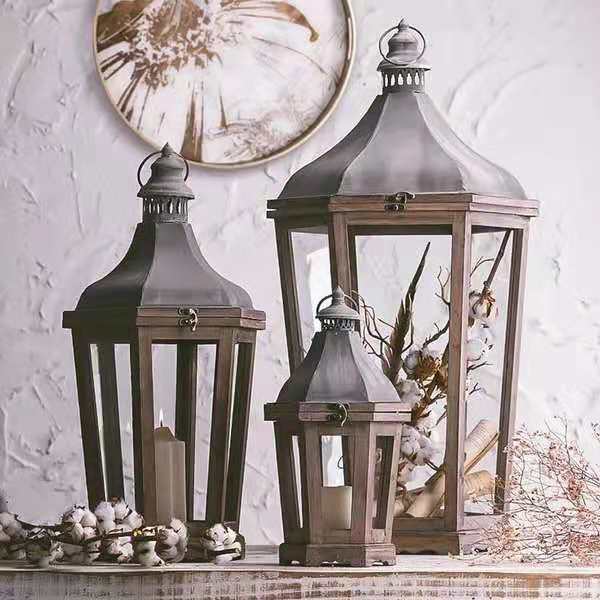Rustic Weathered Wood and Metal Indoor Outdoor Candle Lantern Set Acalora