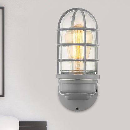 BowLift | Cylinder Clear Glass Wall Mounted Lamp Industrial Single Bulb Living Room Wall Light in Pink/Blue/Green with Cage
