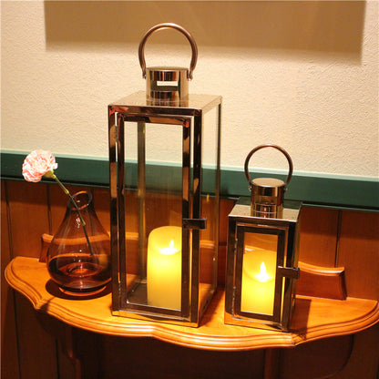 Stainless-Steel Glass Panel Rectangular Lanterns with Ring Handles and Hinged Door Acalora