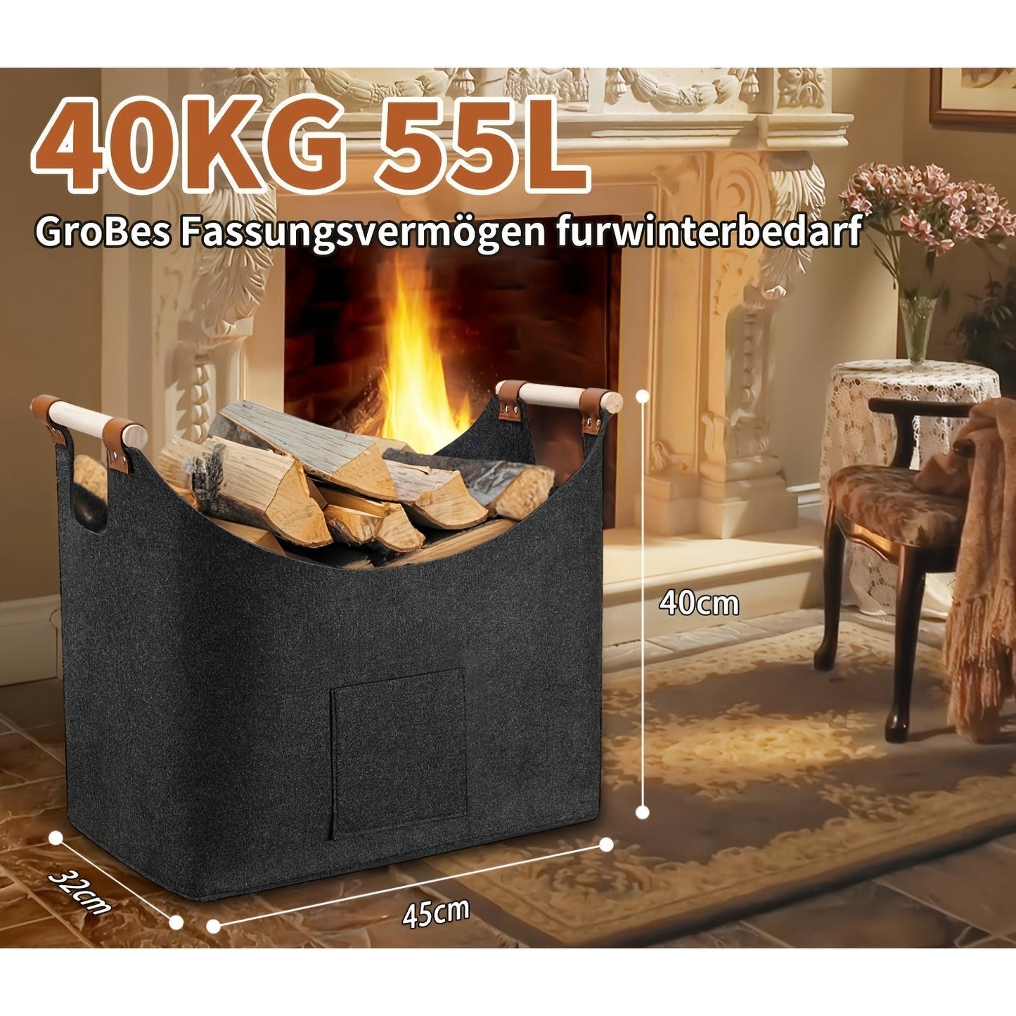 Skanto | Feldura Foldable Felt Firewood Basket 55 liter with Wooden Handles and Leather Details, Dark Grey