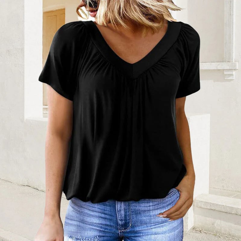 Skanto | Women's Casual Pleated V-Neck Short-Sleeve Top
