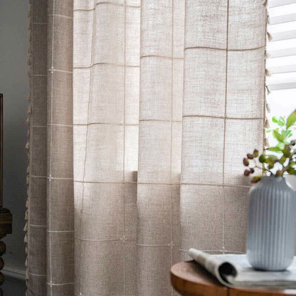 Skanto | Checkered Fringe Semi-Blackout Curtains – Boho Style Drapes
