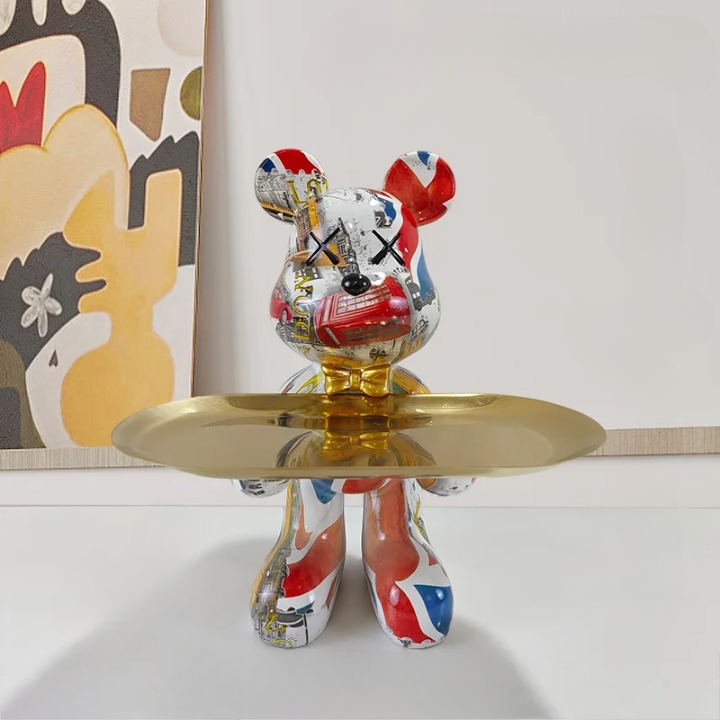Bear Figurine with Serving Tray, Modern Decorative Figure for Living Room and Hallway