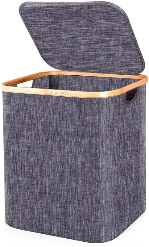 Skanto | Basket with Lid 60L, Laundry Basket with Bamboo Handle and Lid, Foldable