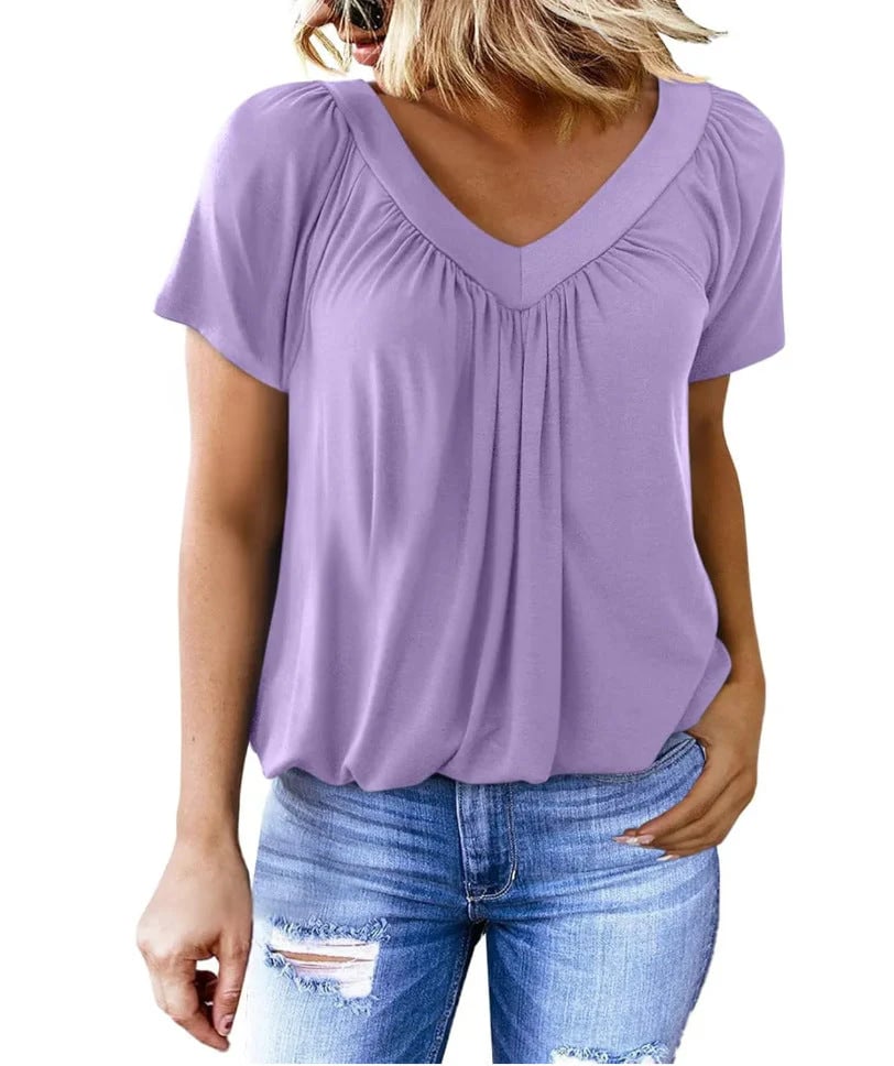 Skanto | Women's Casual Pleated V-Neck Short-Sleeve Top