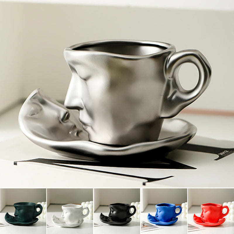 Metal Touching Face Creative Ceramic Kiss Coffee Cup, Artistic Vibe Mug & Saucer Set | Bowlift