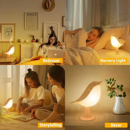 Skanto | Touch-Controlled Wooden Bird Night Light - Rechargeable LED Bedside Lamp