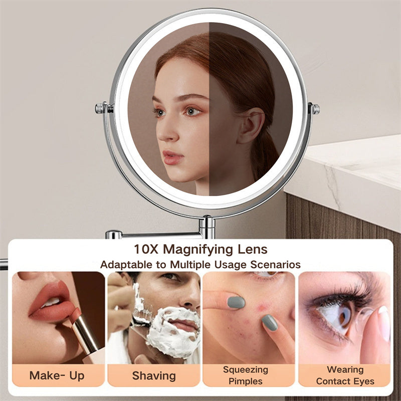 Brehn | Rechargeable Wall-Mounted Shaving Mirror | 360° Rotation. 1X/10X Magnification and Adjustable LED Lighting for Bathroom Use
