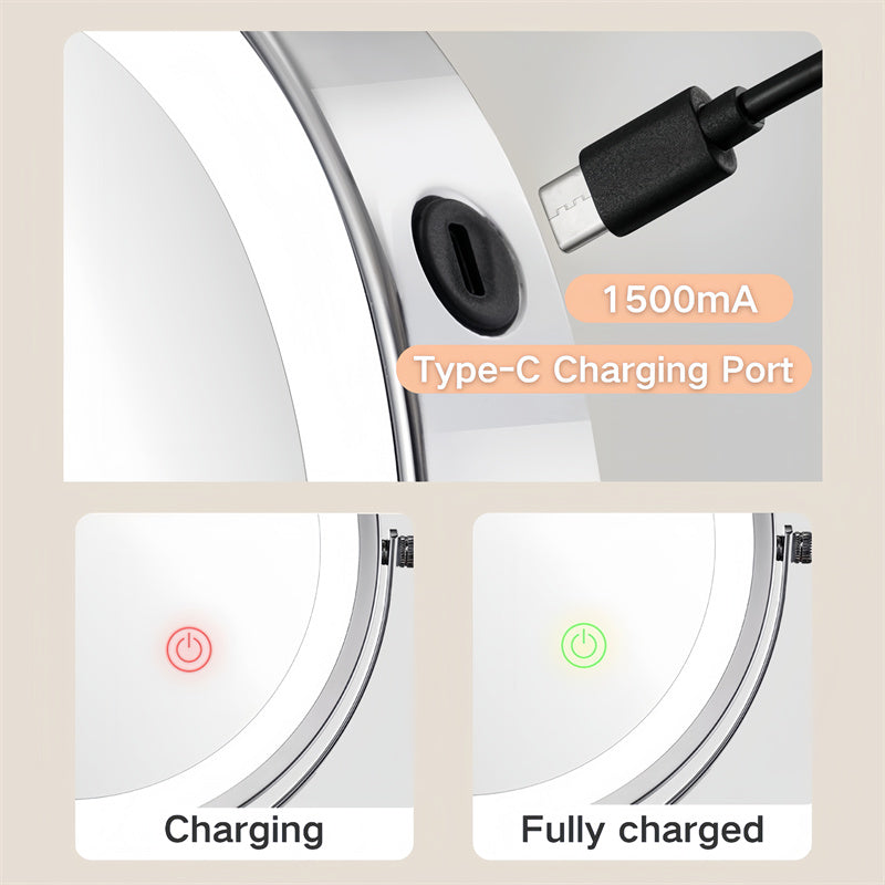 Brehn | Rechargeable Wall-Mounted Shaving Mirror | 360° Rotation. 1X/10X Magnification and Adjustable LED Lighting for Bathroom Use
