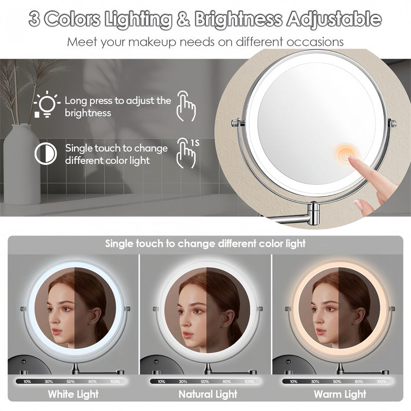 Brehn | Rechargeable Wall-Mounted Shaving Mirror | 360° Rotation. 1X/10X Magnification and Adjustable LED Lighting for Bathroom Use