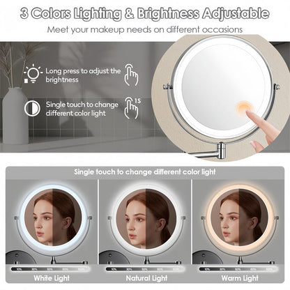 Brehn | Rechargeable Wall-Mounted Shaving Mirror | 360° Rotation. 1X/10X Magnification and Adjustable LED Lighting for Bathroom Use