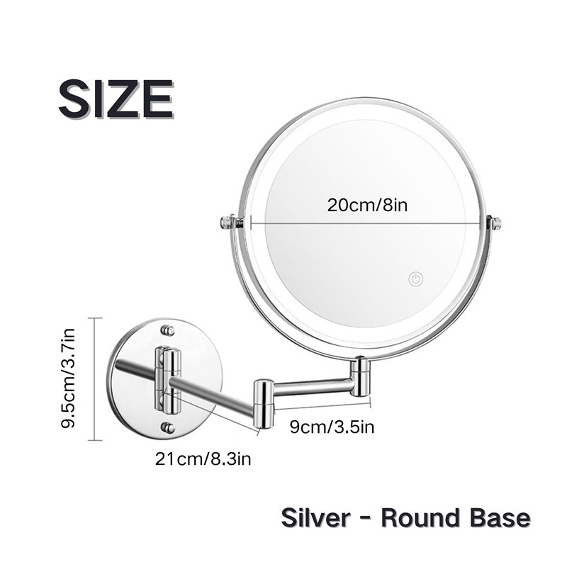 BowLift | Rechargeable Wall Mounted Shaving Mirror | 360° Rotation. 1X/10X Magnification & Adjustable LED Lighting for Bathroom Use