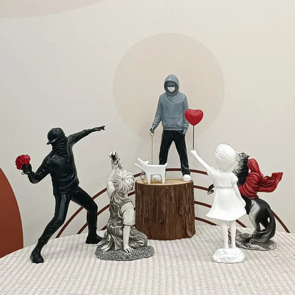 Skanto | Artify Banksy Sculpture Collection | Flower Thrower & Balloon Girl | Pop Art Figures | Modern Office & Home Decor